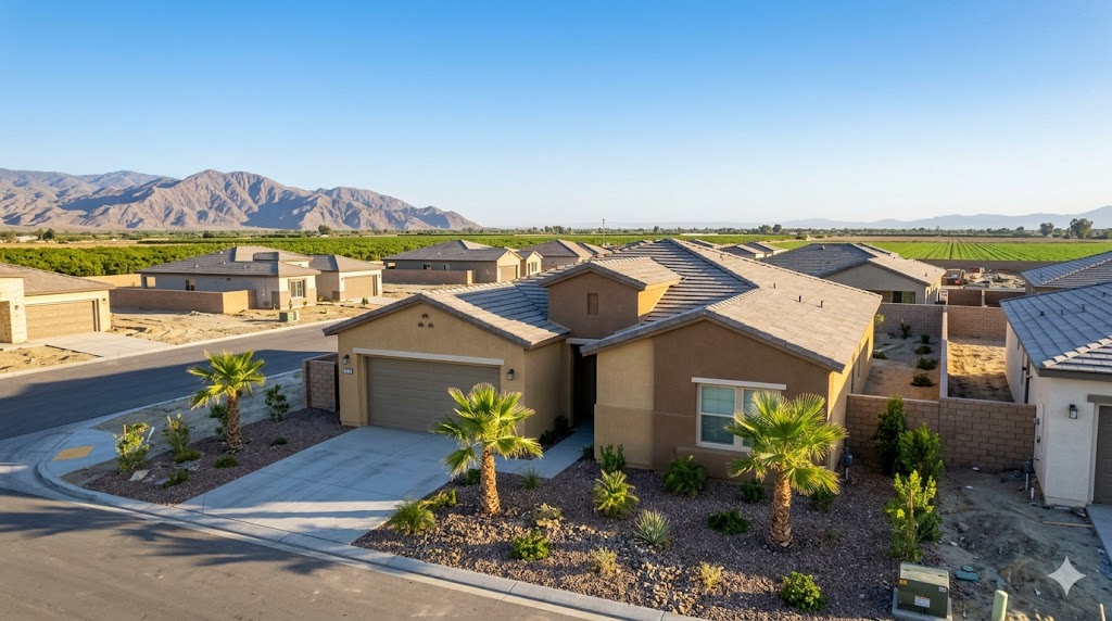 Residential community in Coachella with agricultural land and mountain backdrop