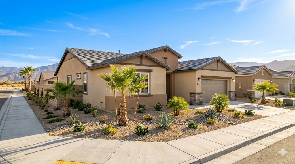 Single-family homes in Indio residential neighborhood with palm trees