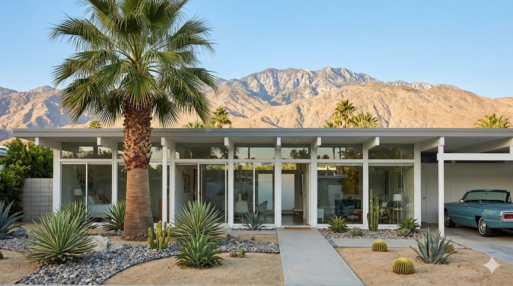 Mid-century modern homes in Palm Springs with San Jacinto mountain backdrop